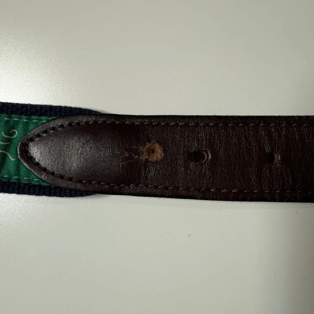Vineyard Vines Belt Mens 36 Navy Green Sailboat Leather Brass Preppy USA Made